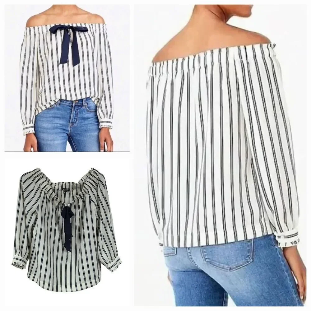 J.Crew Navy Stripe Off Shoulder Blouse Bow Tie Women’s XS Nautical Preppy Top